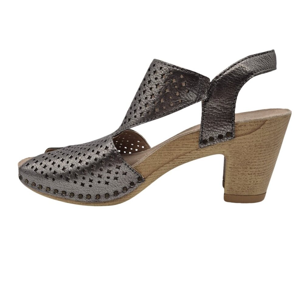 Dansko Teagan Laser Cut Leather Heeled Sandals Women's Size 40 Gray Metallic 384 - Picture 5 of 10